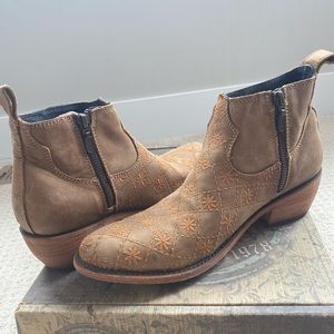 LIBERTY Black Brown Ankle Boots with Floral Design